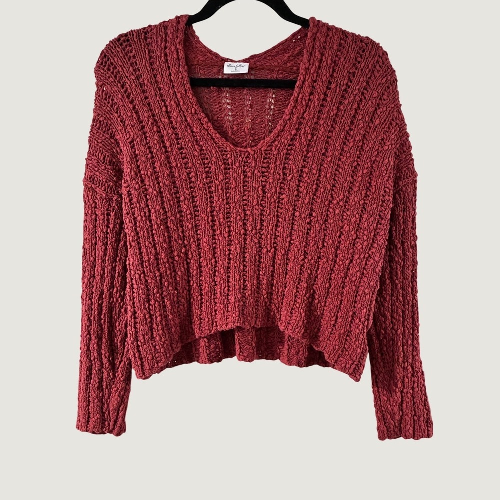 Others Fall Chunky Follow Brick Red Chunky Knit V-Neck Sweater Women Small